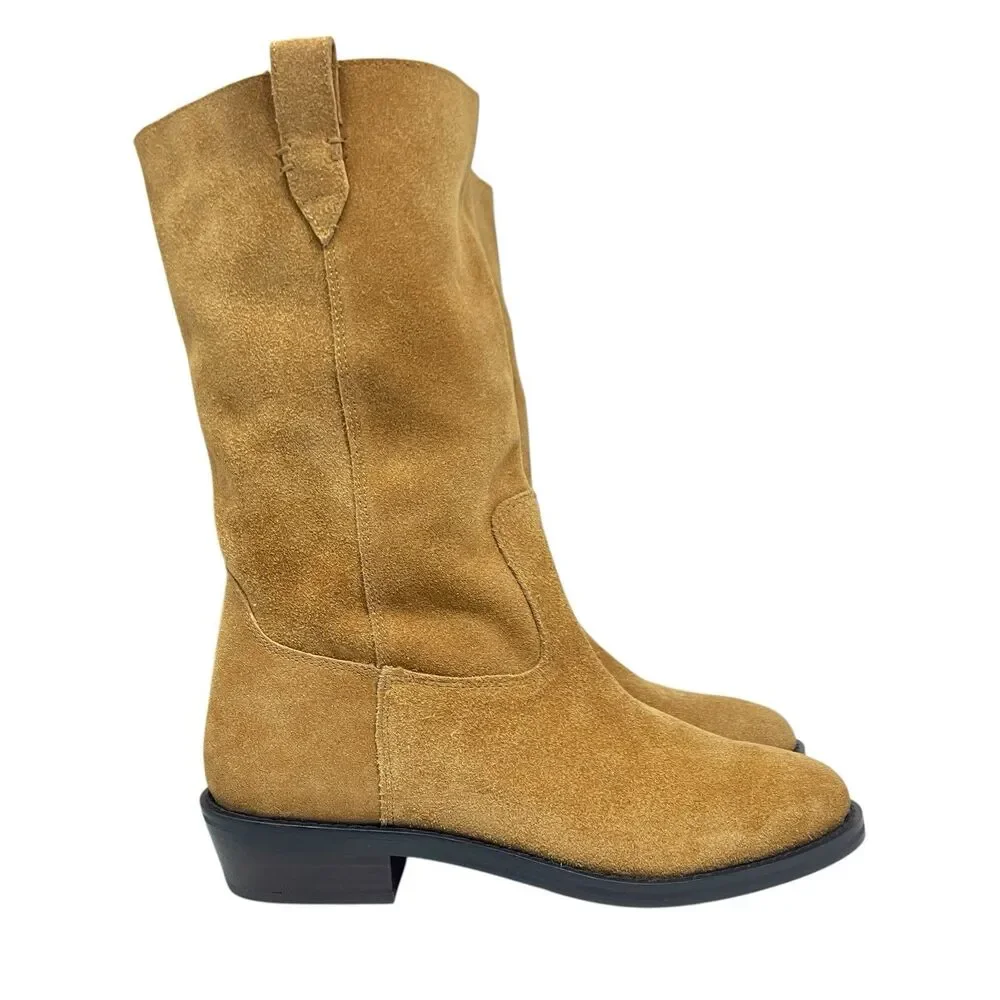 J Crew Tan Suede Mid Calf Pull On Western Boots‎ Leather Luxury Womens 7